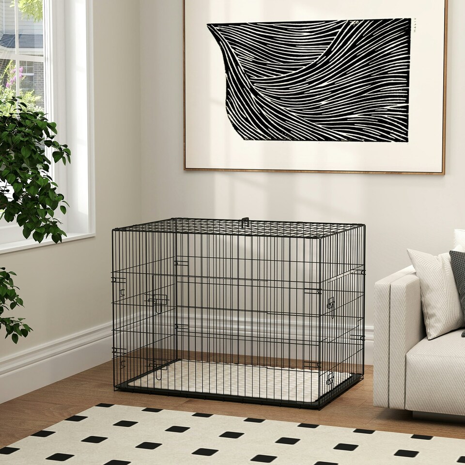image 1 of PawHut Dog Crate with Two Doors, Tray, Soft Cushion, for Large Dogs, Black