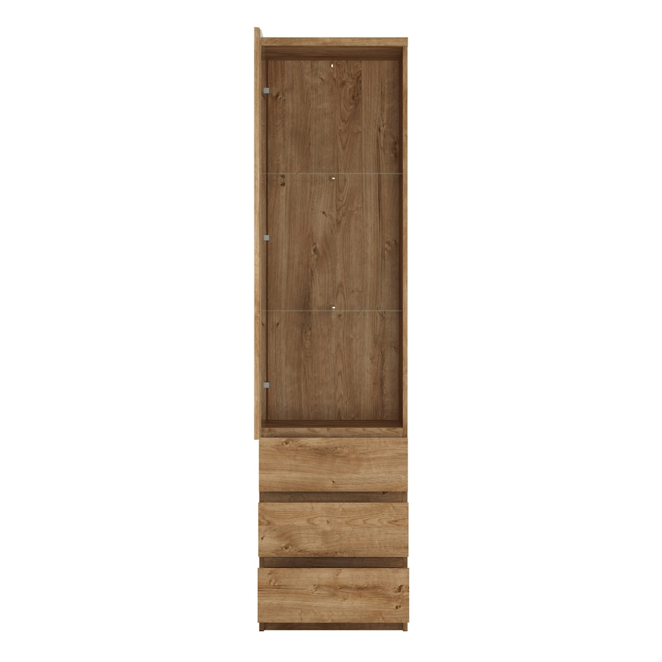 image 1 of Fribo Tall Narrow 1 Door 3 Drawer Glazed Display Cabinet in Oak