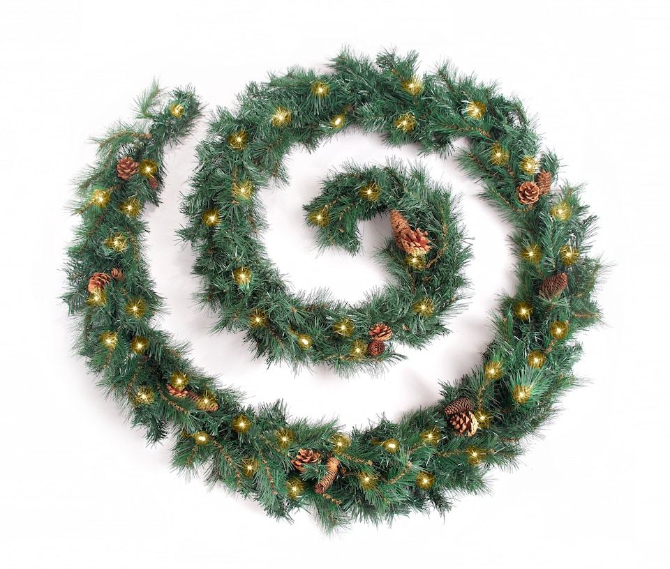 image 1 of Best Artificial 12ft Colorado Pine Christmas Garland with Pine Cones with 100 warm white battery lights