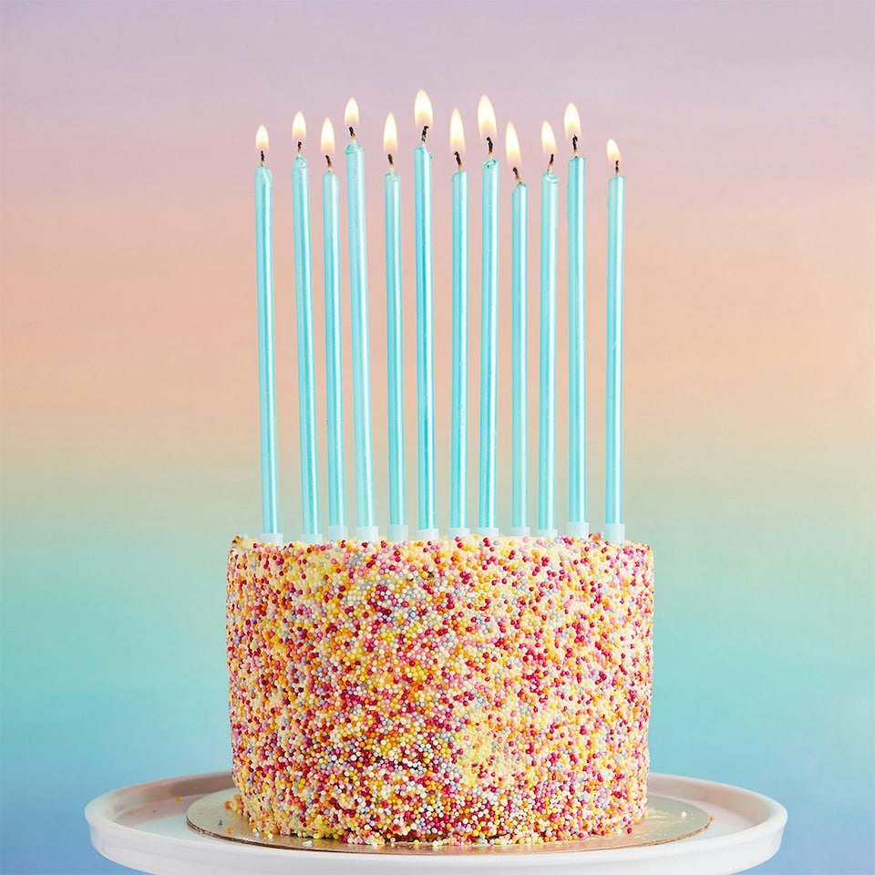 image 1 of Blue Tall Skinny Celebration Candles - Pack of 12