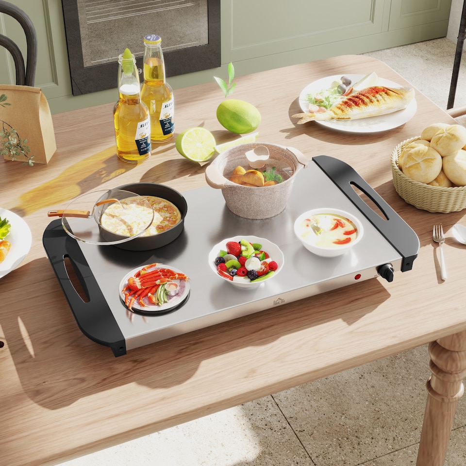 image 1 of HOMCOM 4 Tray Electric Food Warmer Buffet Server with Warming Plate, Cool Touch Handles, Adjustable Temperature, 300W, 2 x 2.4L and 2 x 1L Pans