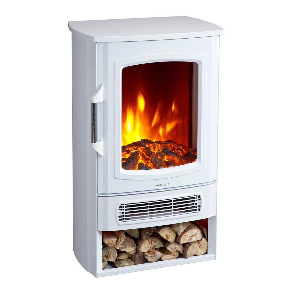 image 1 of Neo 1000W / 2000W Freestanding Electric Fire Stove Heater Burner Realistic Flame and Log Store | White