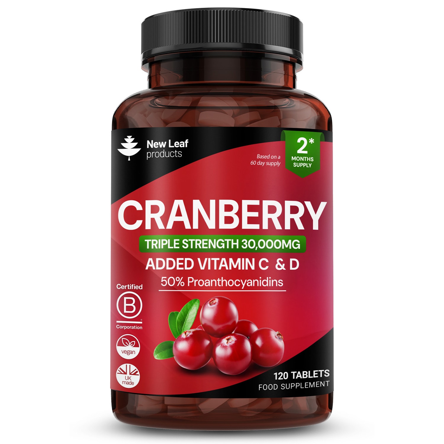 Cranberry Tablets 3x Strength 30,000mg +Vitamin C&D