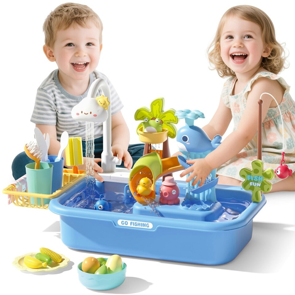 image 1 of Pretend Play Kitchen Sink with Real Running Water 4-in-1 Water Play Table (Blue)