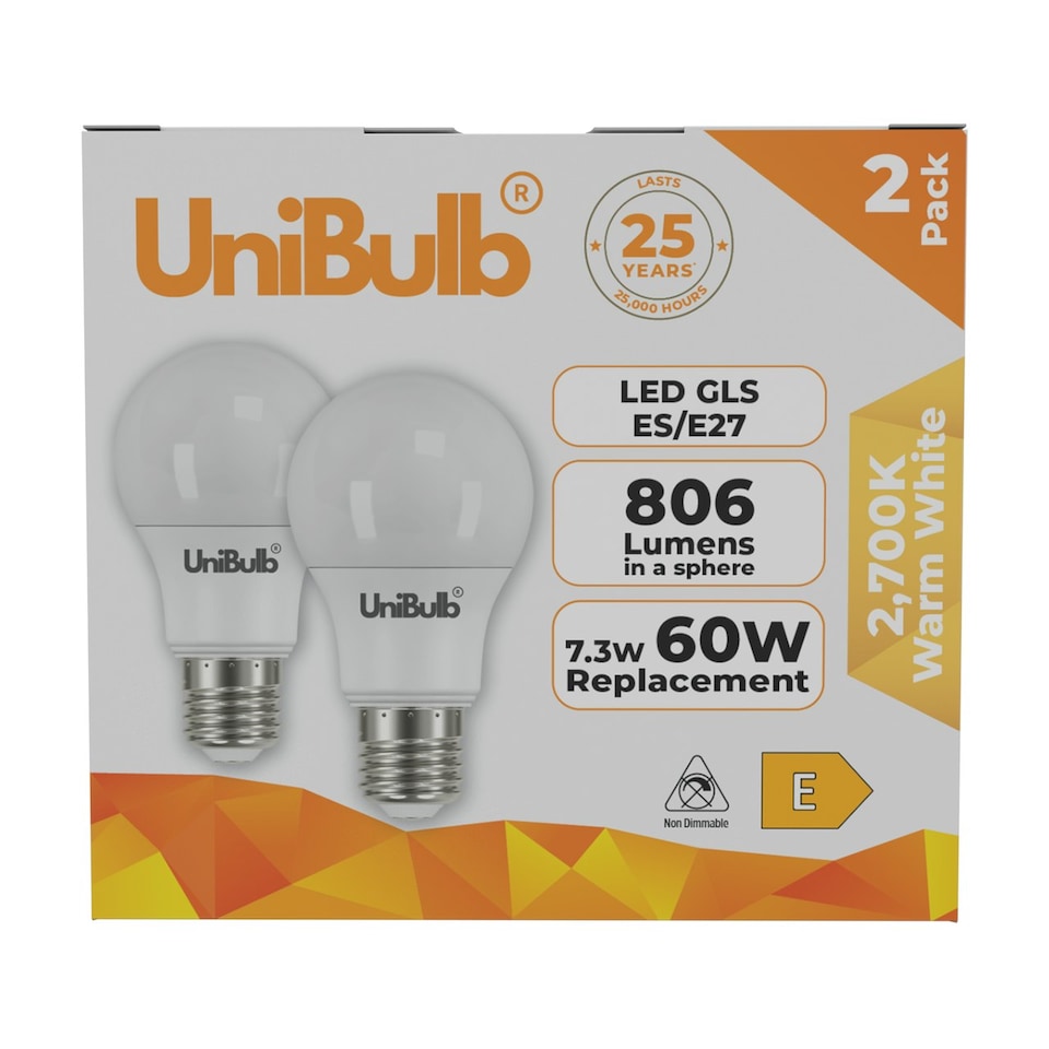 image 1 of UniBulb LED GLS E27 806lm 7.3W 2700K (Warm White) Light Bulb - Pack of 2