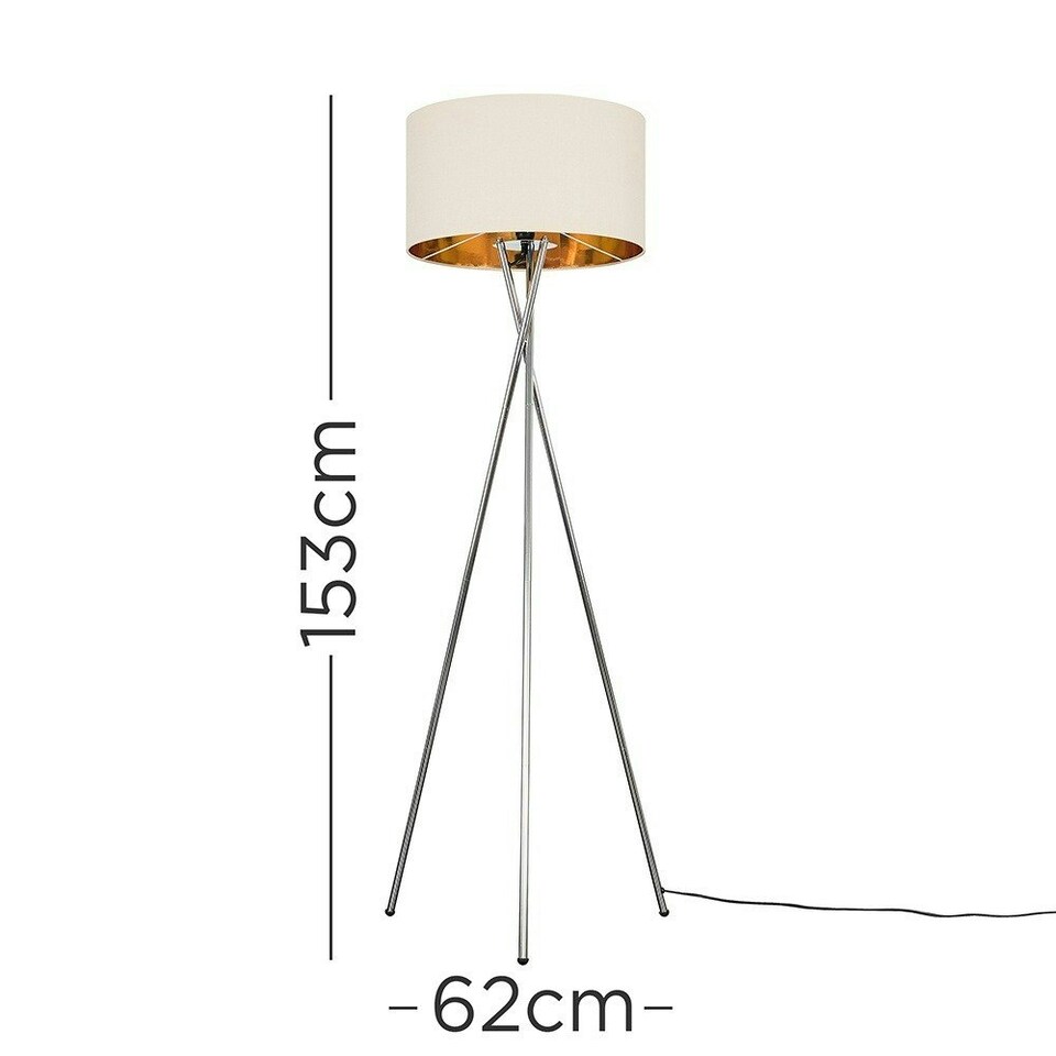 image 1 of ValueLights Camden Chrome Tripod Floor Lamp Beige & Gold Shade Cream
