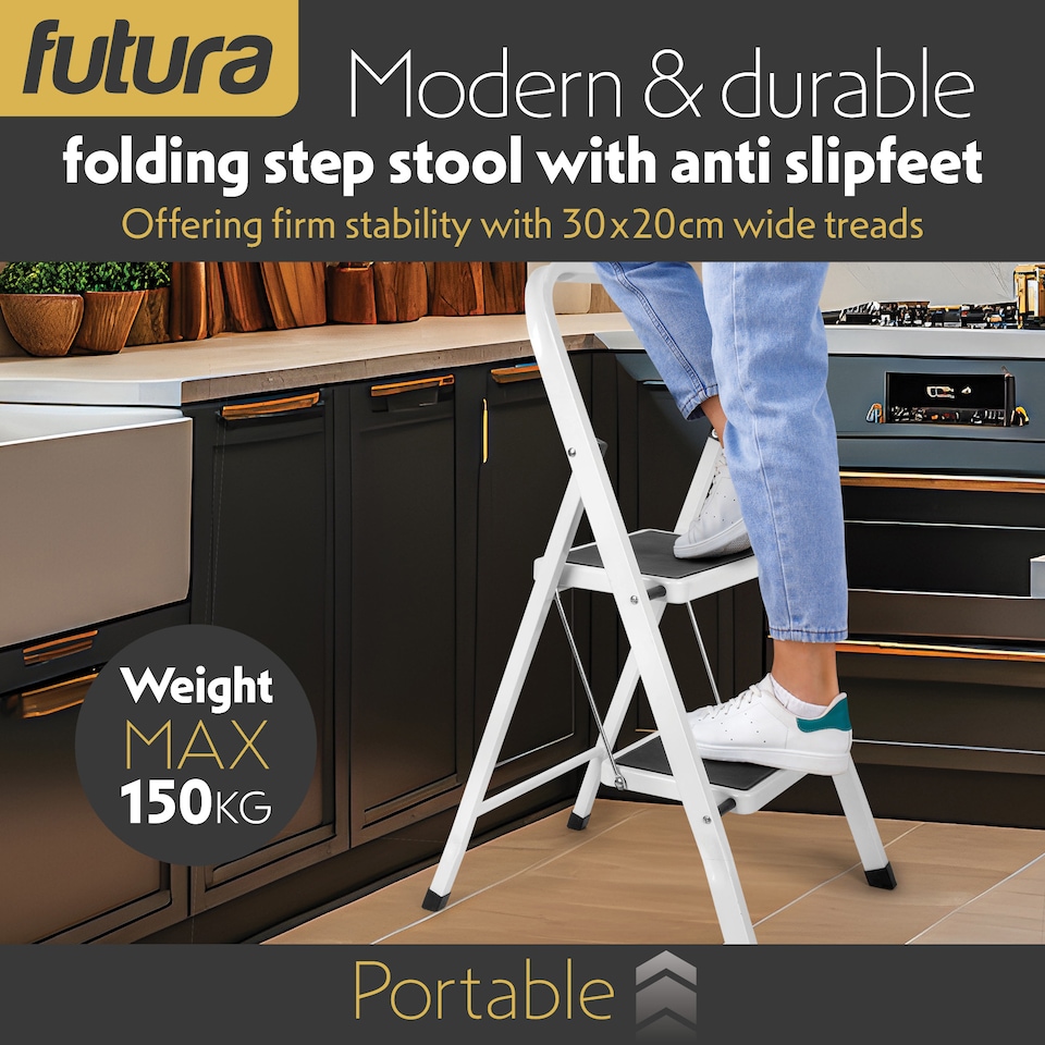 image 1 of Futura 2 Step Ladder White, Heavy-Duty Steel Folding Home DIY Step Stool with Wide Non-Slip Steps & Anti Slip Feet 150kg Capacity