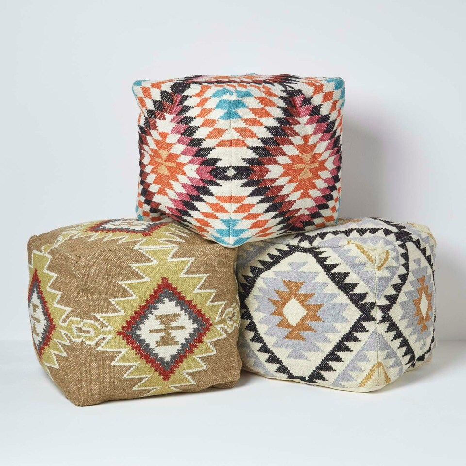 image 1 of Homescapes Manila Orange and Pink Kilim Footstool Handwoven Beanbag Pouffe - 43 x 43 cm