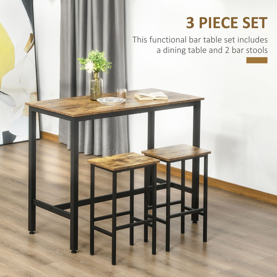 image 1 of HOMCOM 120x60cm Bar Table Set, Breakfast Table with 2 Stools, 3-Piece Counter Height Dining Table & Chairs for Kitchen, Living Room, Rustic Brown