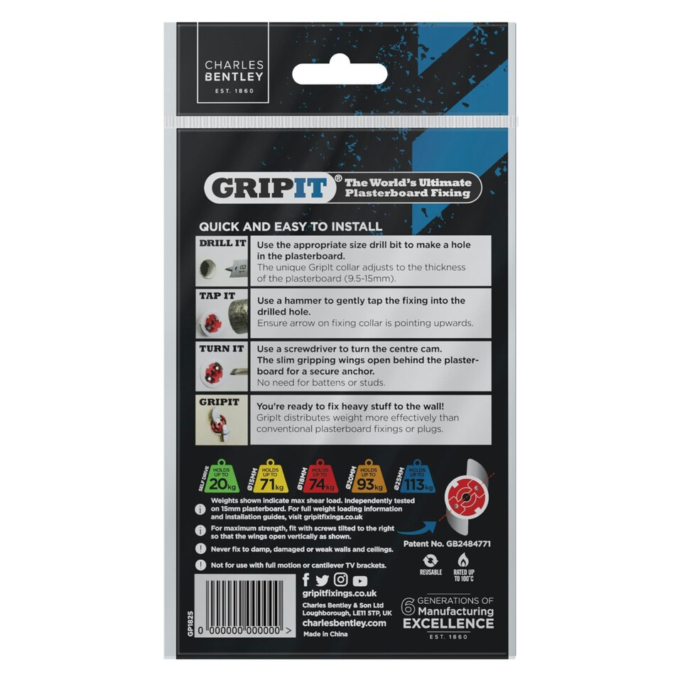 image 1 of Gripit 18mm Plasterboard Fixing Stud Wall Anchor Max Load 74kg - Red - 25 Pack