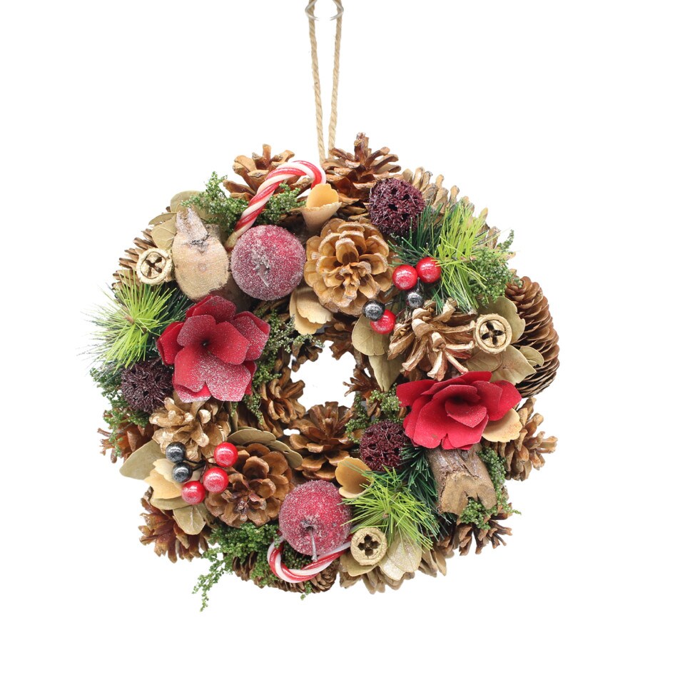 image 1 of Christmas Wreath Festive Decoration with Jute Hanger Traditional Pinecone Decor | Multi | Candy Cane | 34cm | 1