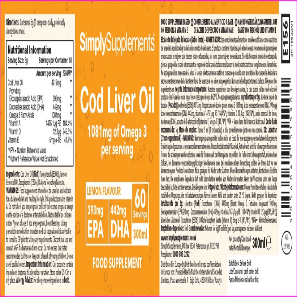 image 1 of Cod Liver Oil Liquid - 300ml - 60 Servings