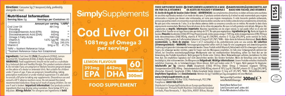 image 1 of Cod Liver Oil Liquid - 300ml - 60 Servings