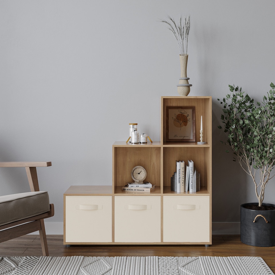6-Cube Step Shelving Unit With Non Woven Inserts | Brown | Oak & Cream ...