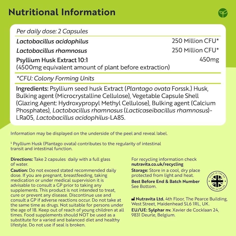 image 1 of Nutravita Psyllium Husk 4500mg with 500 Million CFU - Fibre Supplement Supports Digestive Balance - Made in the UK - 180 Psyllium Husks Capsules