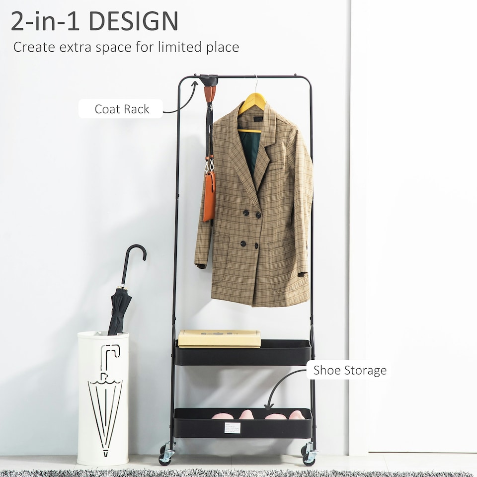 image 1 of HOMCOM Metal Clothes Rack with Shoe Stand, Clothing Rail on Wheels w/ 2 Basket