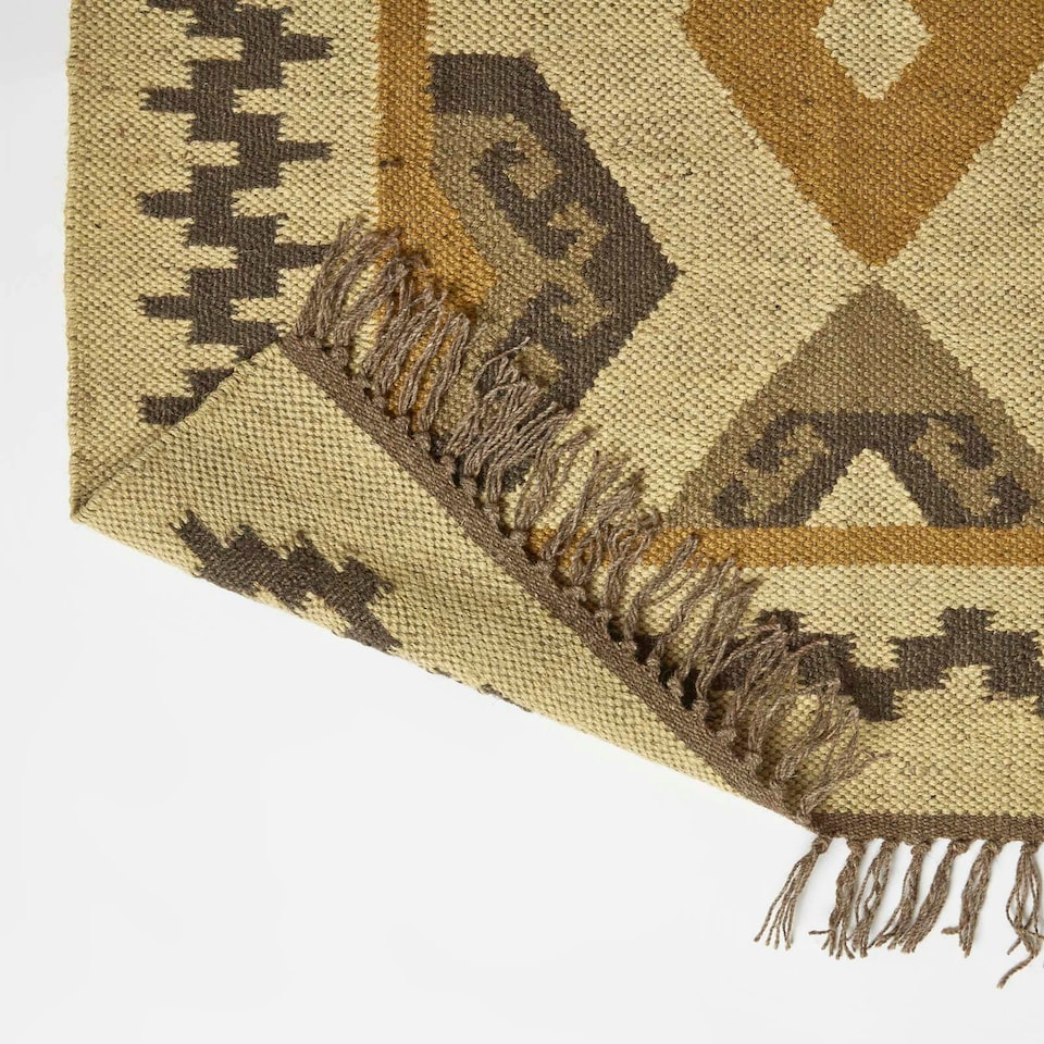 image 1 of Homescapes Ravar Brown and Gold Kilim Wool Rug - 160 x 230 cm | Brown | 160 x 230 cm