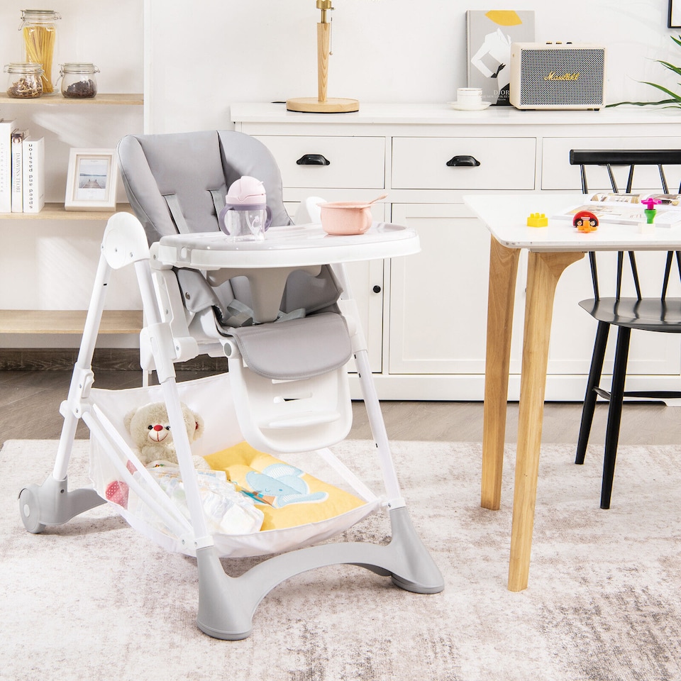 image 1 of COSTWAY Folding Baby High Chair Convertible Dining Chair Portable Highchair-Grey