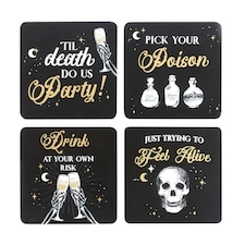 Set of 4 Skeleton Party Coasters & Holder