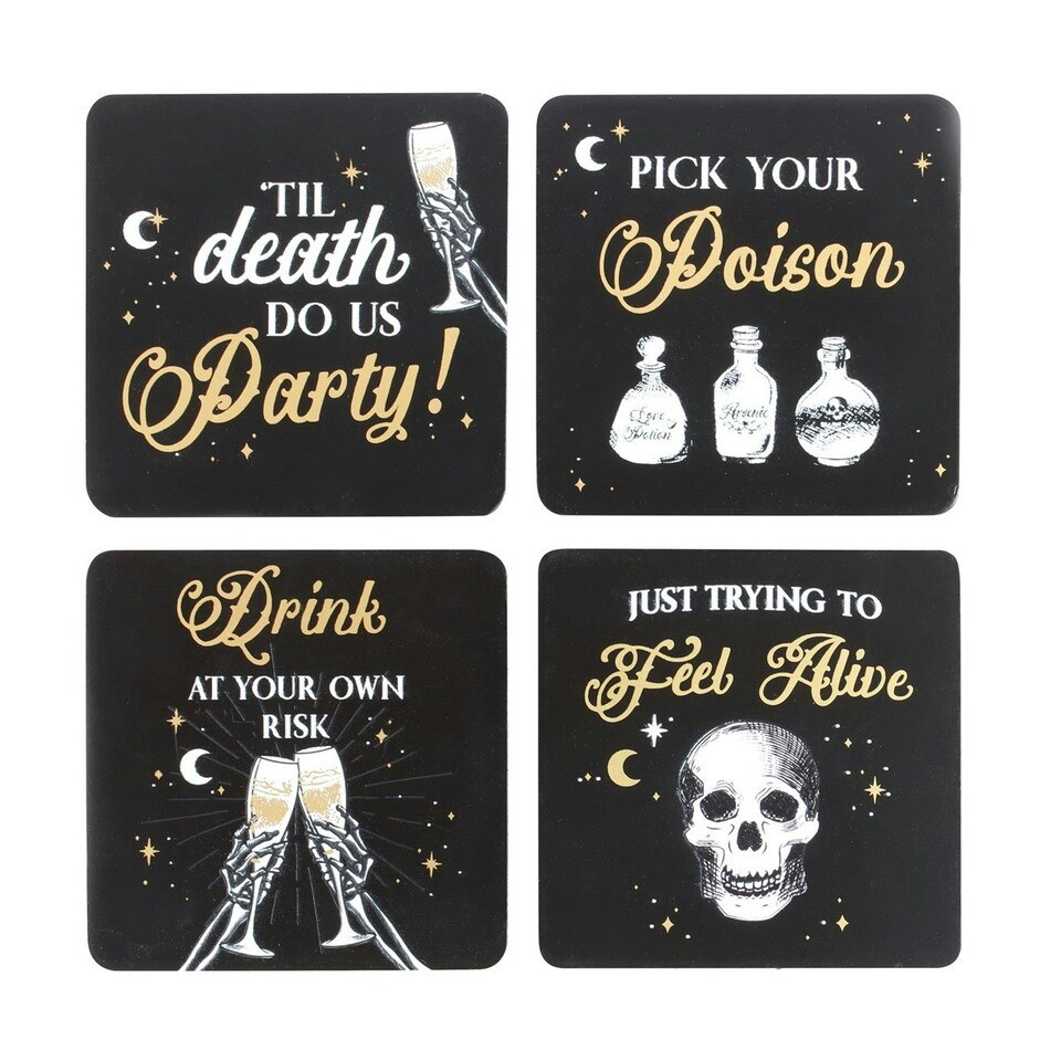 image 1 of Set of 4 Skeleton Party Coasters & Holder