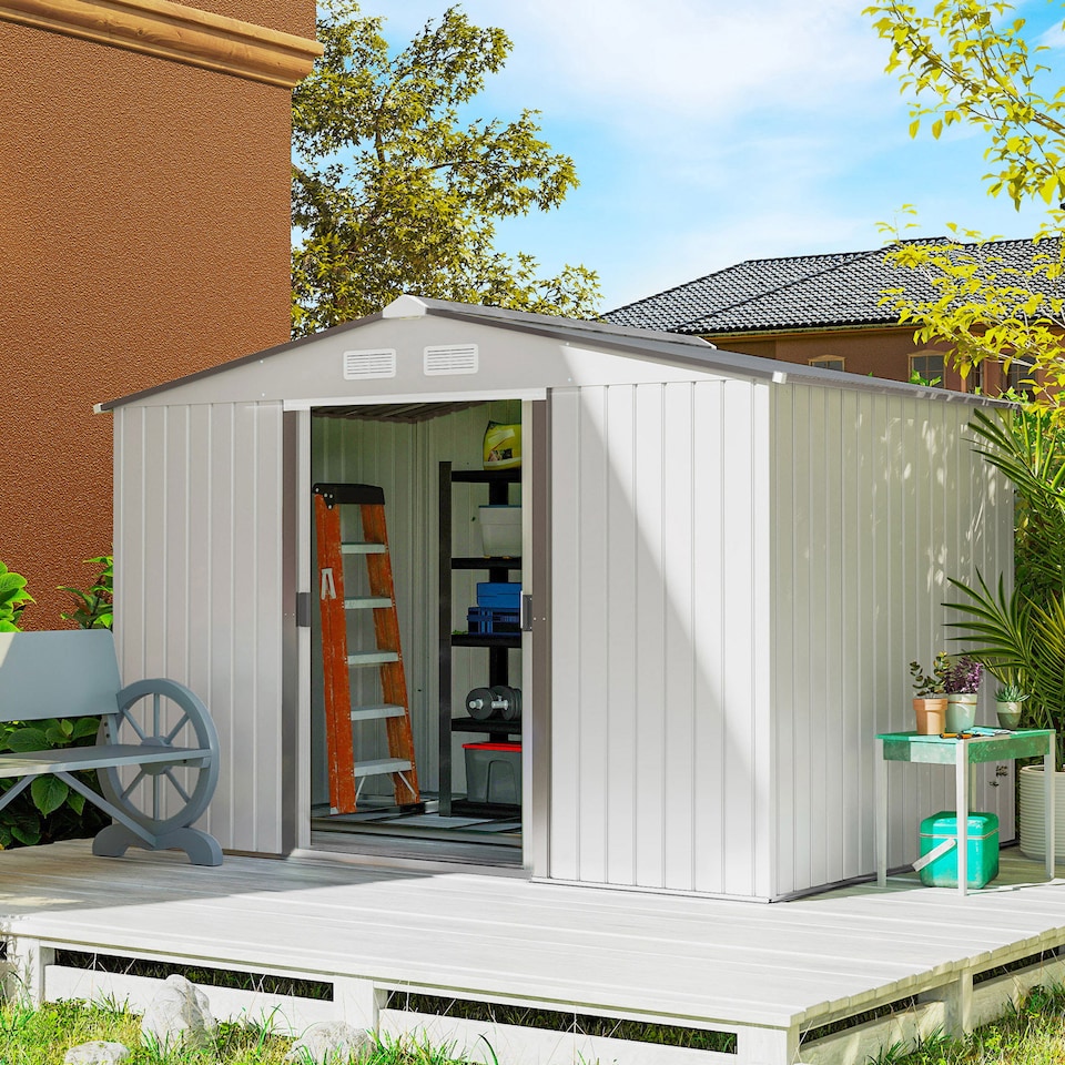 image 1 of Outsunny 9 x 6ft Metal Garden Shed, Outdoor Storage Tool House with Ventilation Slots, Foundation Kit and Lockable Double Doors, Silver