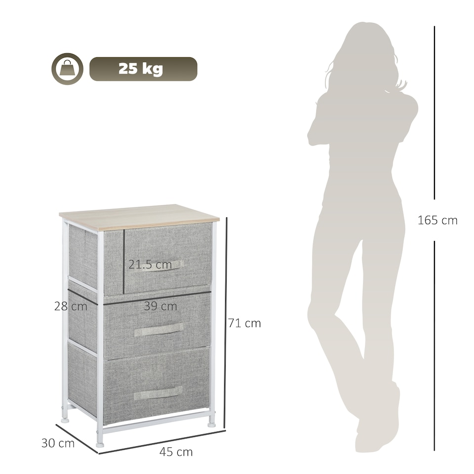 image 1 of HOMCOM Vertical 3-Tier Linen Drawer Cabinet Organizer Storage Dresser Tower with Metal Frame Adjustable Feet for Living Room, Bathroom, Kitchen, White, Oak and Light Grey