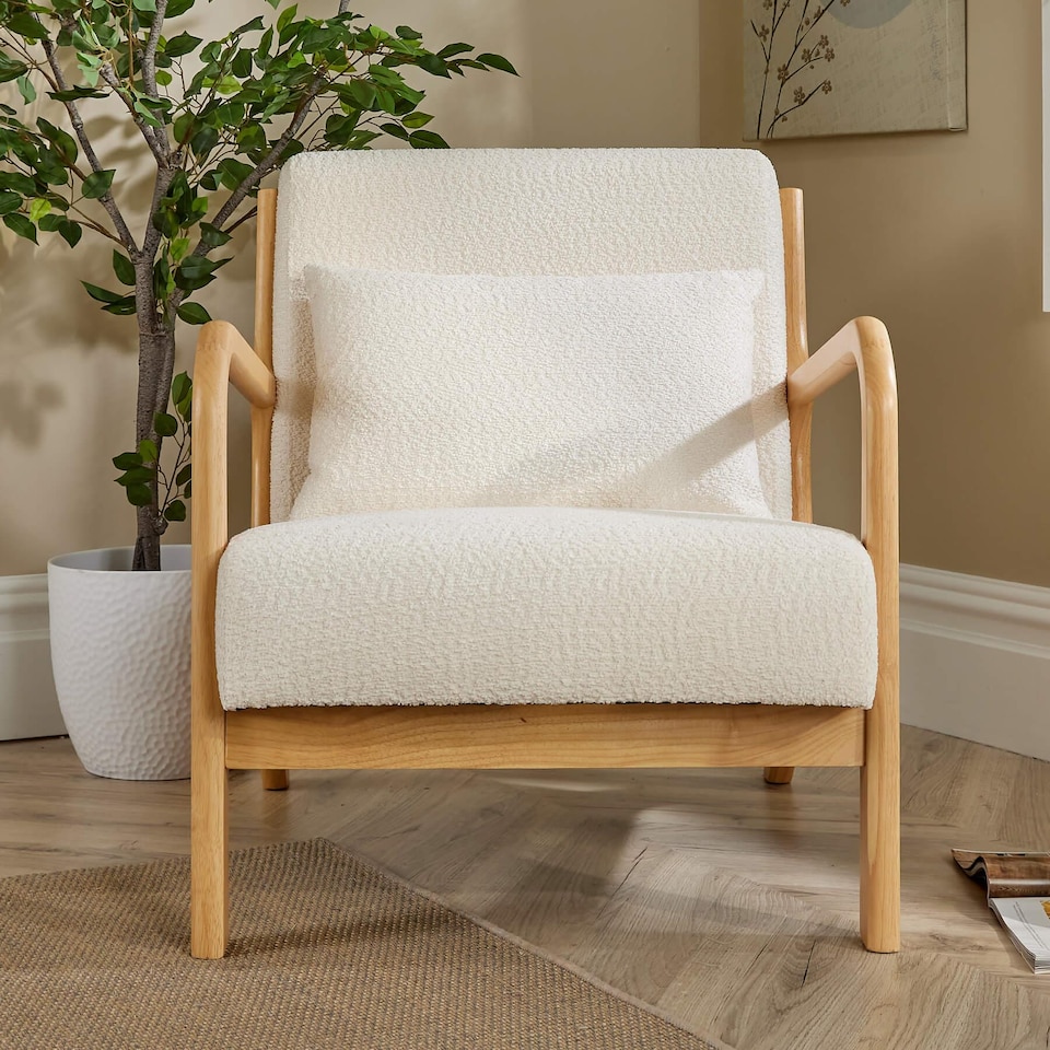 image 1 of Boucle Wooden Armchair Teddy Fur Cream Modern Home Chair Furniture Seating