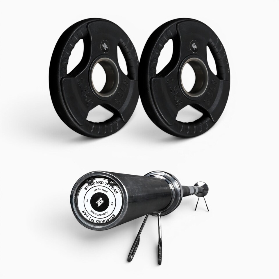 image 1 of GYMSETS Tri Grip Olympic Weight Plates-(2x 2.5kg(5kg)/With 7ft Barbell+Clips)