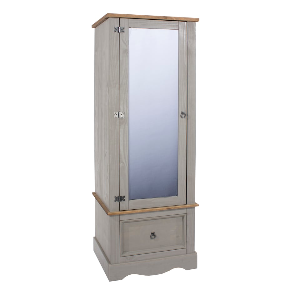 image 1 of Corona Armoire with Mirrored Door and Drawer - Solid Wood Wardrobe with Hanging Rail and Storage | Grey | Grey | One Size | 1