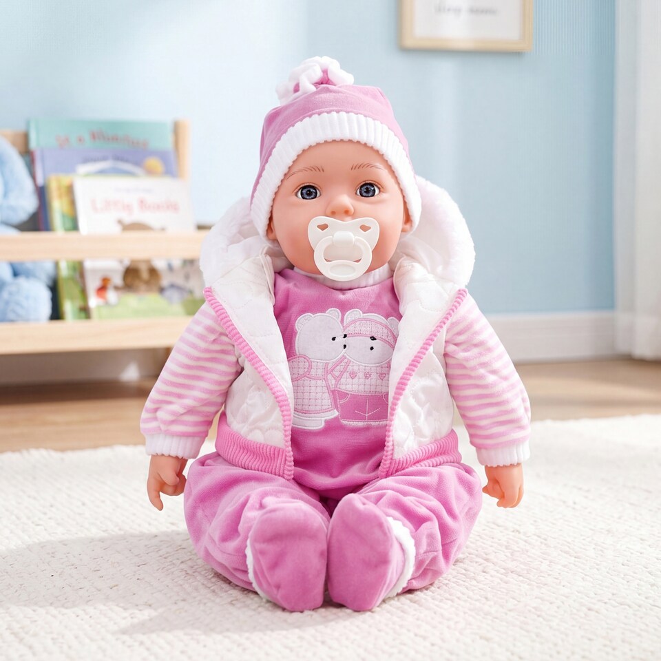 image 1 of BiBi Doll 20" Pinky Baby Doll Girl with White Coat Outfit, Sounds & Dummy Toy