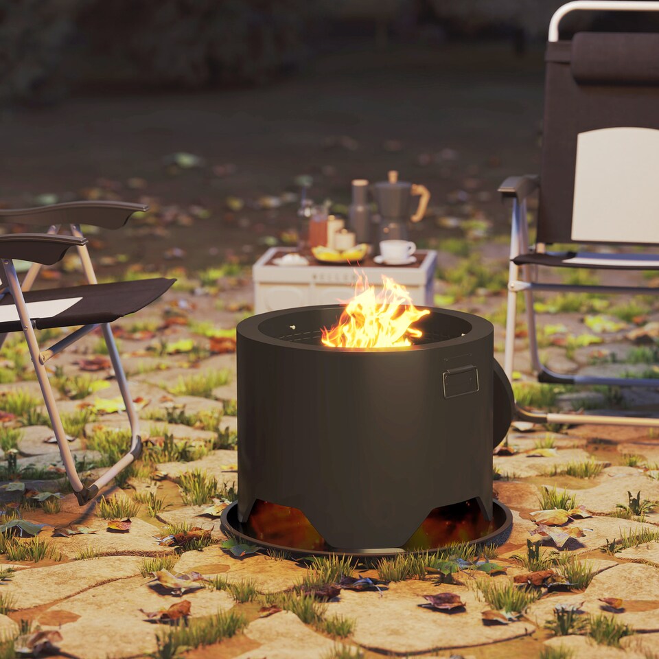 image 1 of Outsunny Outdoor Round Fire Pit with Lid, Wood Burning Firepit with Fire Poker and Floor Mat for Patio Bonfire BBQ Camping, Black