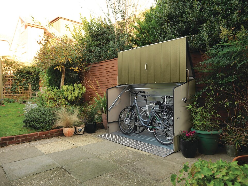 image 1 of Trimetals Bike Storage Shed with Ramp – Fits up to 3 Adult Bikes | Green