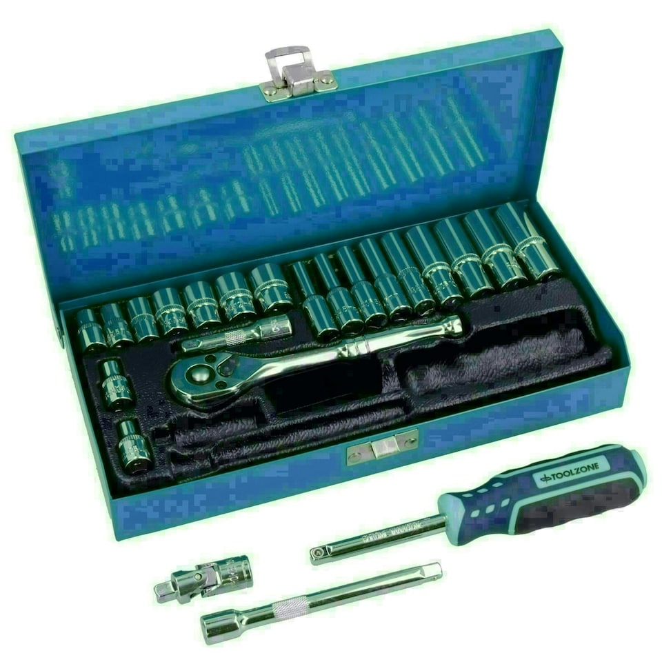 image 1 of 1/4" Drive 23pc Metric Socket Set Shallow Deep Sockets Ratchet Extensions UJ