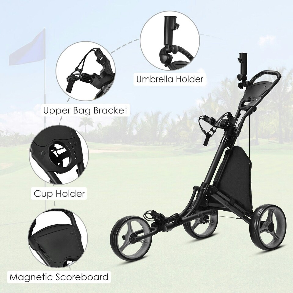 image 1 of COSTWAY 3 Wheel Golf Push Cart Folding Golf Holder Grey