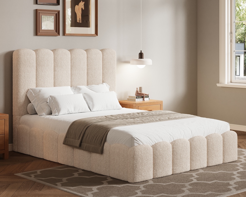 image 1 of Ezysleep Kingsley Boucle Soft Teddy Upholstered Gas Lift Ottoman Bed Frame | Cream | Natural