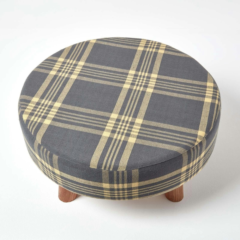 image 1 of Homescapes Grey and Yellow Tartan Fabric Flat Circular Stool with Wooden Legs | Grey | 62 x 62 x 30 cm