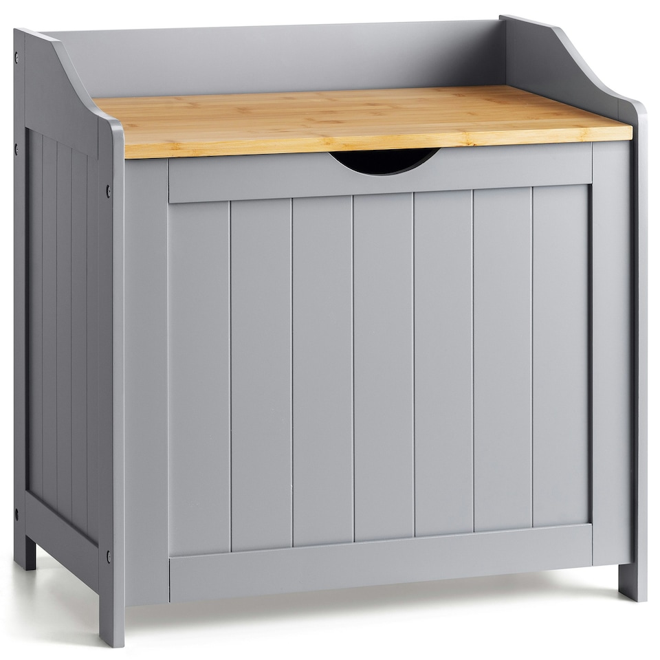 image 1 of Christow Wooden Laundry Box Bin Grey Bamboo Bathroom Storage Basket Linen Chest