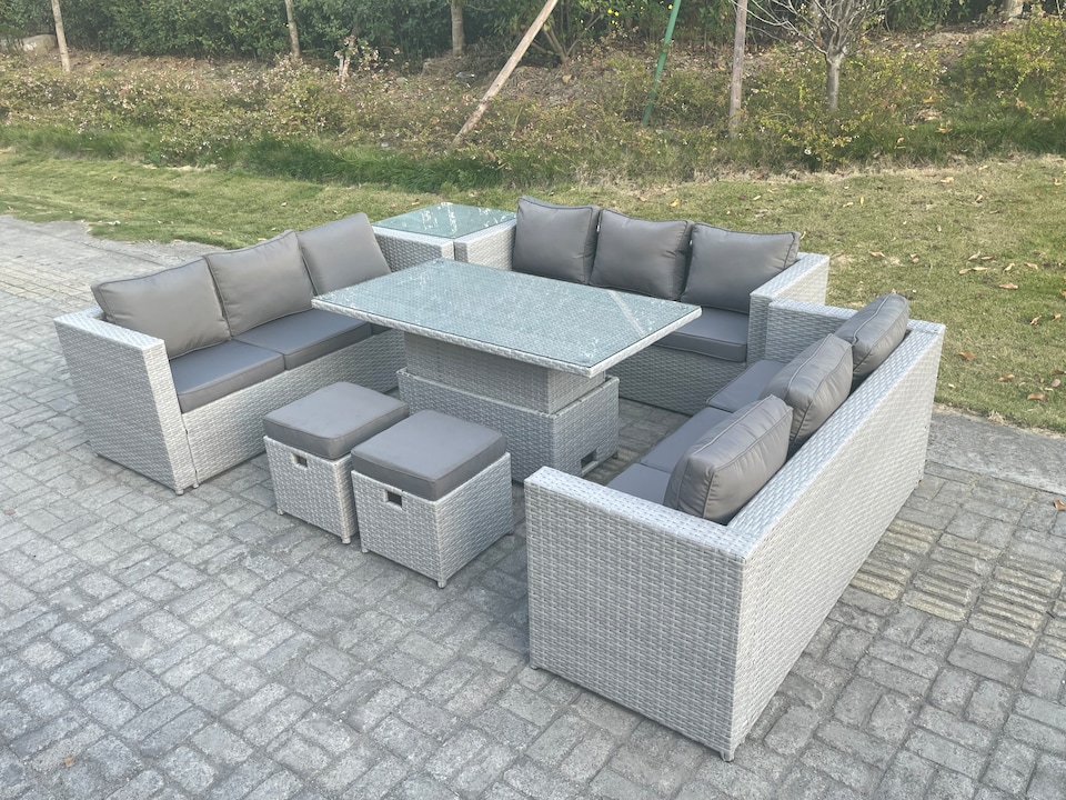 image 1 of Fimous U Shape Lounge Rattan Garden Furniture Set Adjustable Rising Lifting Table Dining Set With Side Coffee Tea Table Stool