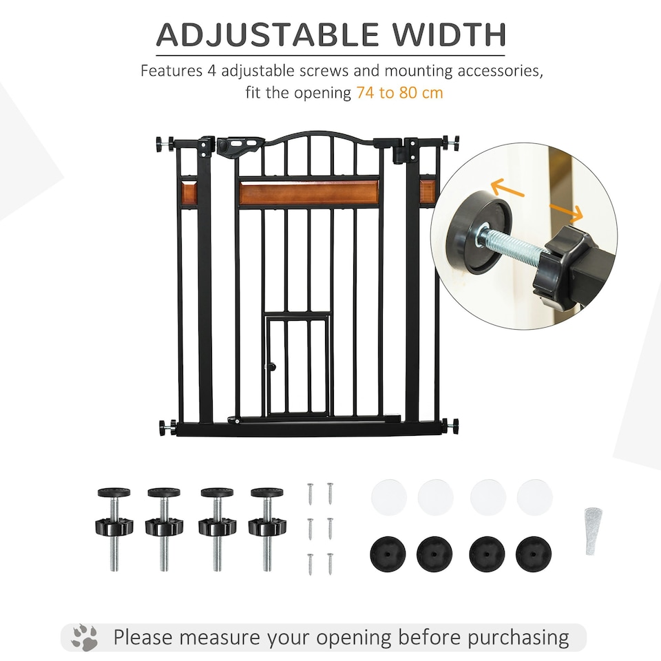 image 1 of PawHut Dog Gate Pet Safety Gate W/ Cat Door Auto Close Pine Decor 74-80 cm Wide