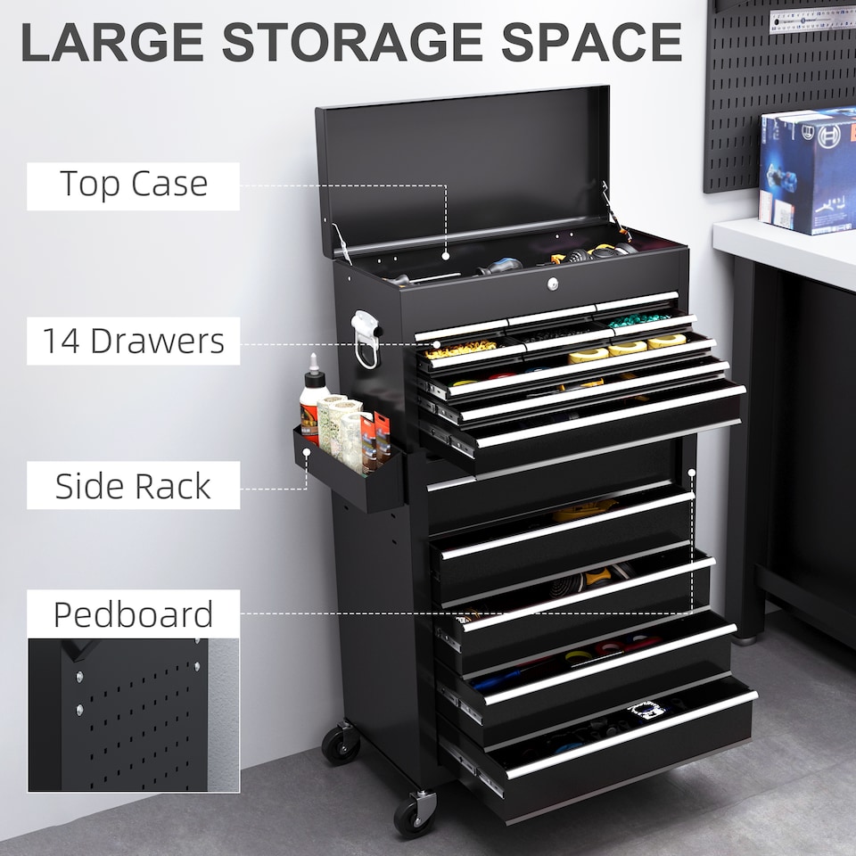 image 1 of HOMCOM Rolling Tool Chest Lockable Roller Cabinet with with 14 Drawers Black | Black