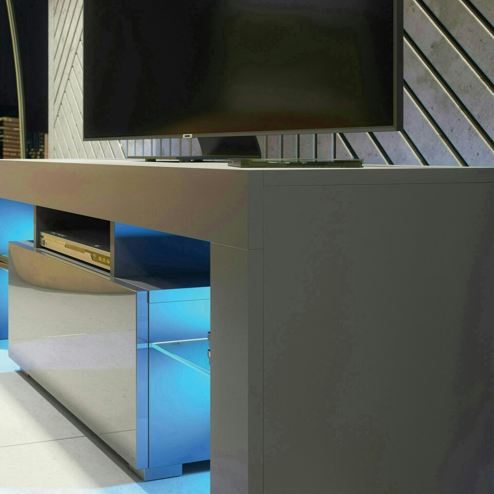 image 1 of TV Unit 130cm Grey Gloss Door Grey Matt Body with Glass Sides Free LED Grey