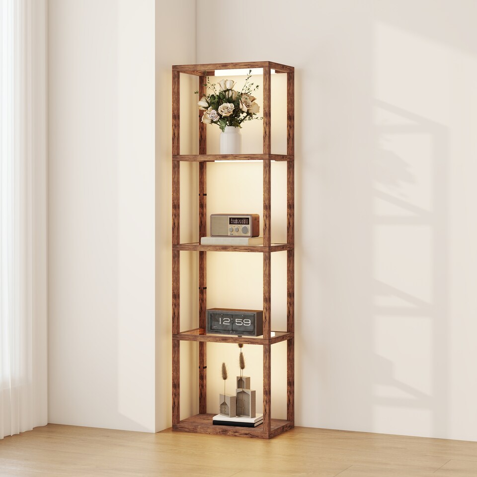 image 1 of HOMCOM LED Floor Lamp with Glass Shelves, 4 Layers Dimmable Tall Standing Lamp, Modern Column Shelf Floor Light for Living Room, Bedroom, Office, Rustic Brown