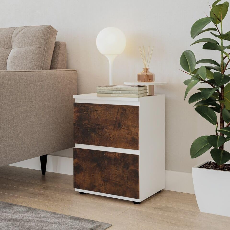 image 1 of URBNLIVING 2 Drawer Bedside Cabinet Handle Free Nightstand | Multi | White Carcass + Rustic Brown Drawers | 1