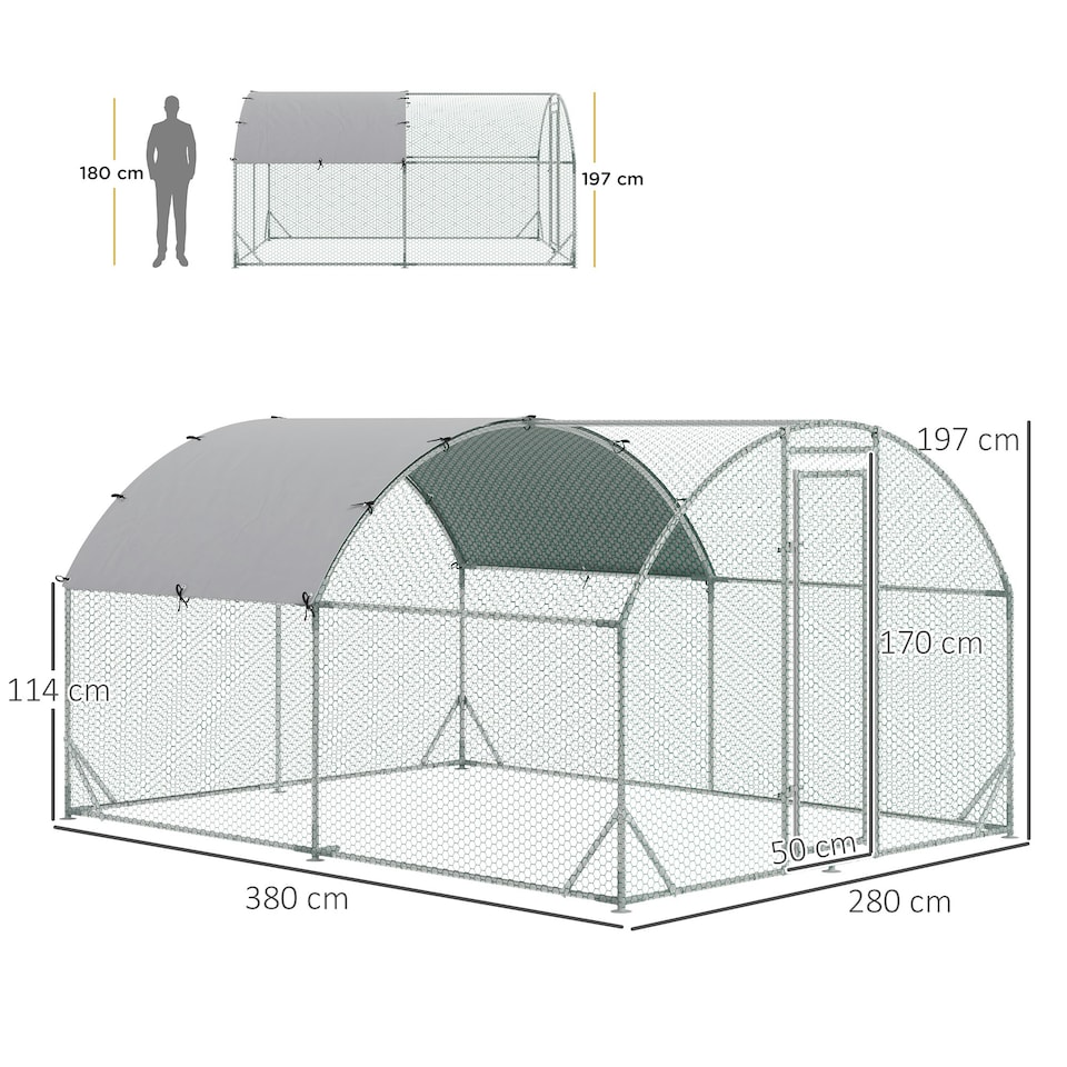 image 1 of PawHut Walk-In Chicken Run Galvanised Chicken Coop w/ Cover 2.8 x 3.8 x 2m