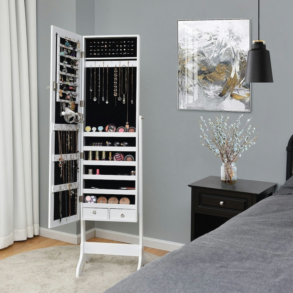 image 1 of COSTWAY Freestanding Jewelry Cabinet Lockable Armoire w/Mirror White