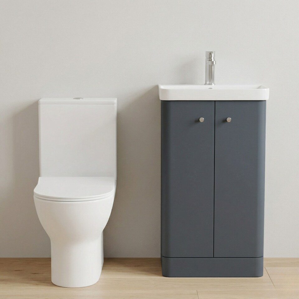 image 1 of Balterley Contemporary Floor Standing 2 Door Bathroom Vanity Unit, Basin, Tap & Toilet Pack | Grey | Satin Soft Black | 814 x 479 x 342mm