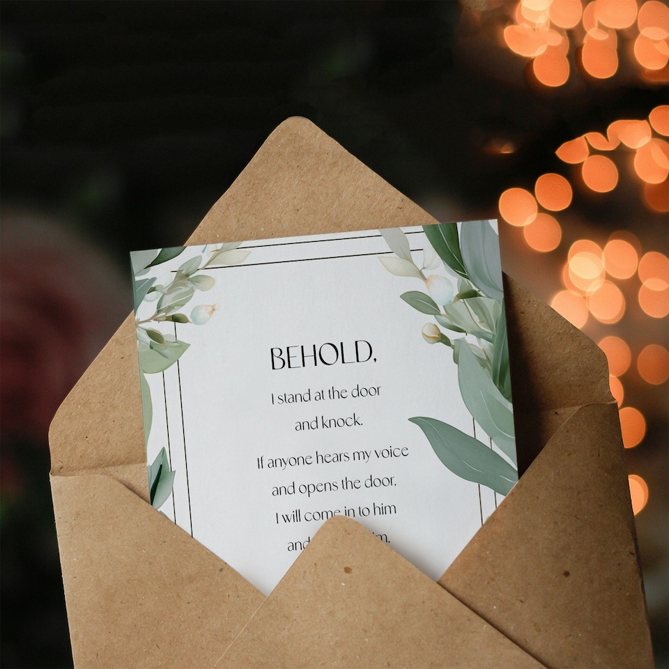image 1 of Behold Stand at Door and Knock Green Floral Bible Christian Birthday Card