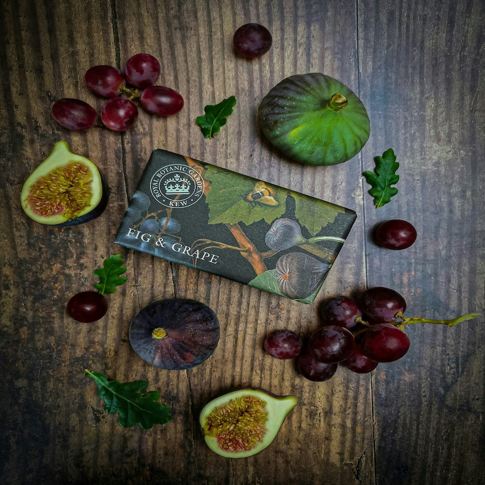 image 1 of The English Soap Company Royal Botanical Gardens Kew Wrapped Soap Bar, Fig Shea Butter Soap, Moisturising Soap Bar for Body, Fig and Grape Scent 240g
