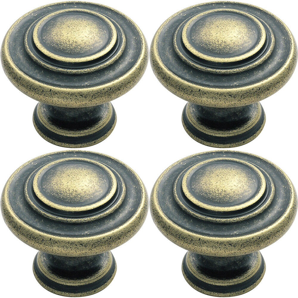 Loops 4x Round Ringed Pattern Door Knob 32mm Diameter Antique Brass Cabinet Handle in Metallics