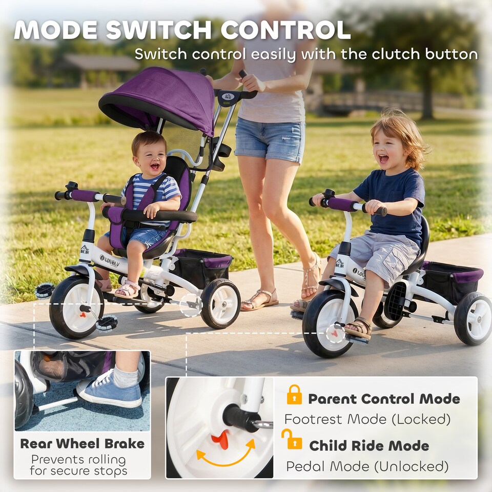 image 1 of HOMCOM 6 in 1 Kids Trike, Stroller with Parent Handle, Storage Brake, Purple
